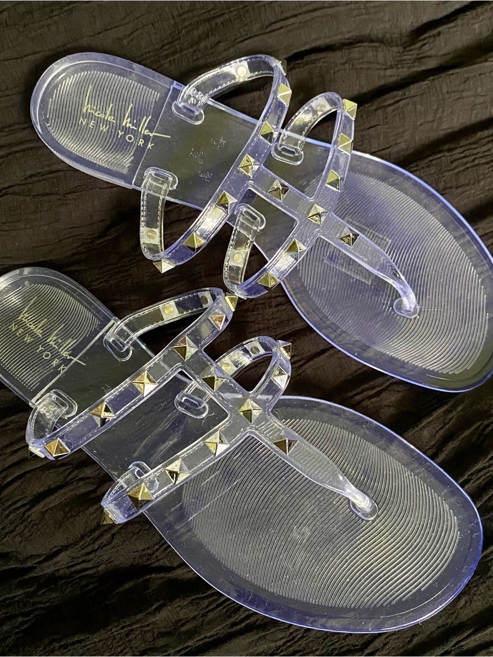 Nicole Miller Clear Jelly Sandals with Gold Studs
